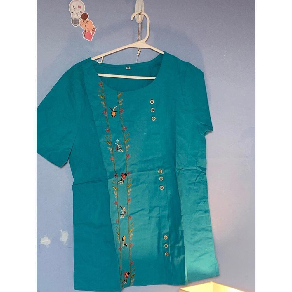 Medium Teal T-shirt Floral Embroidery